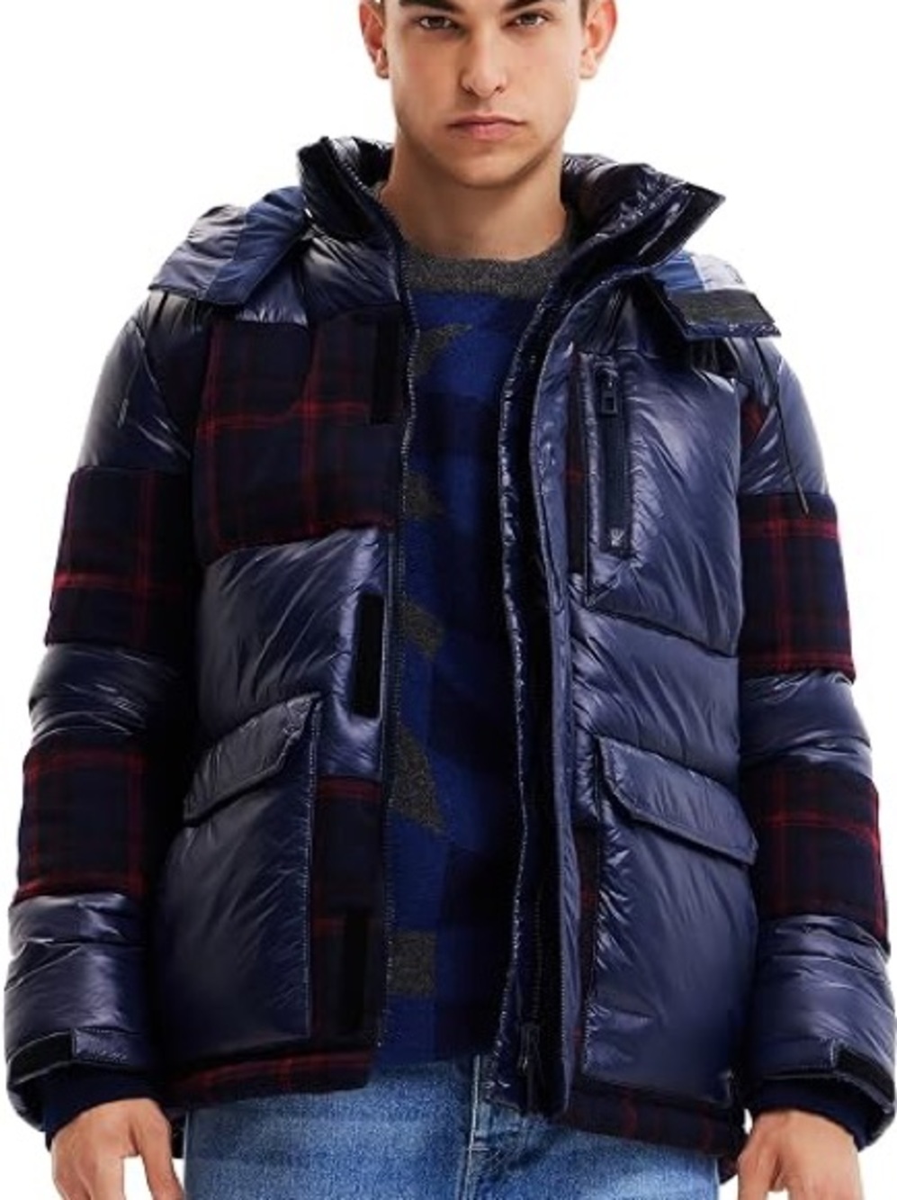 Desigual Men's Navy Plaid Puffer Jacket